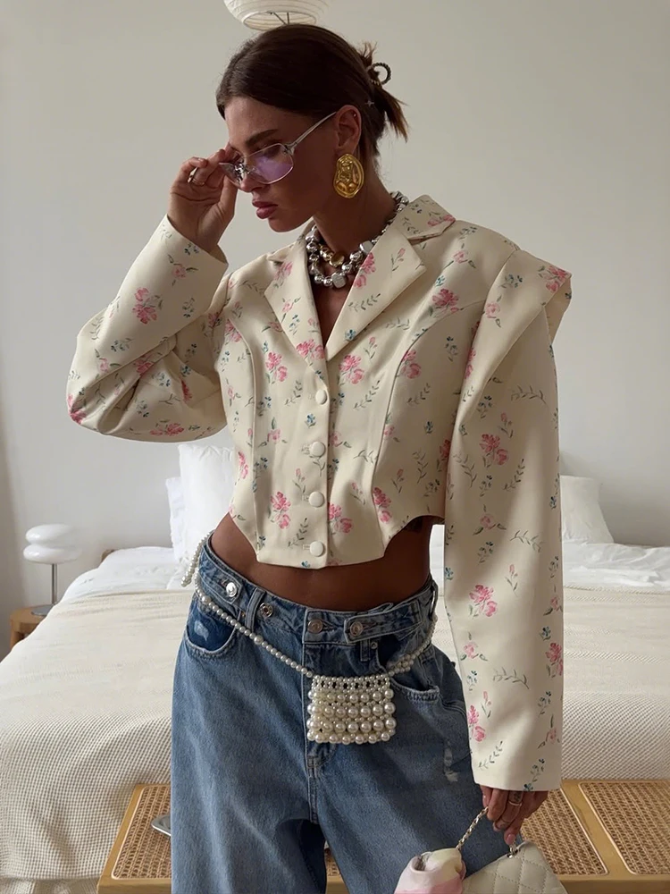 Nibber Floral Print Crop Coat Woman Polo-Neck Single-Breasted Full Sleeve Irregular Hem Sweet Style Street Casual Hipster Tops