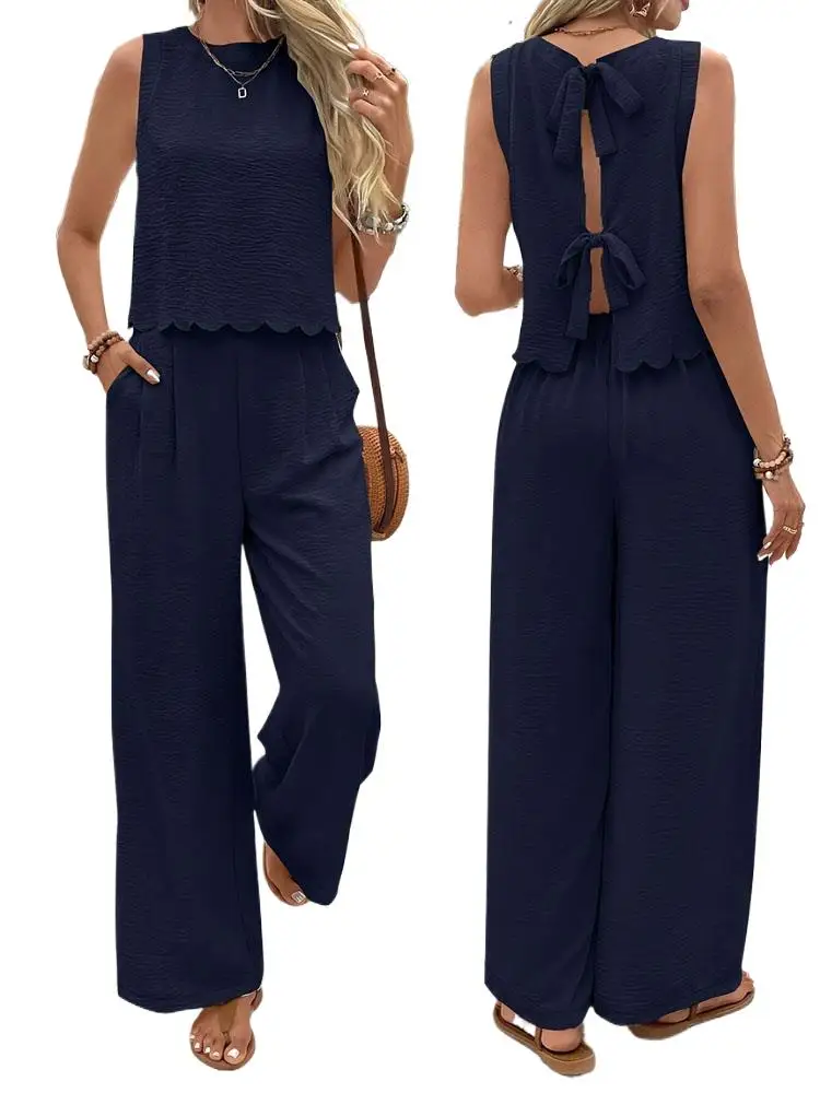 Women Summer Pant Suits Ruched Tank Tops and Wide Leg Trousers
