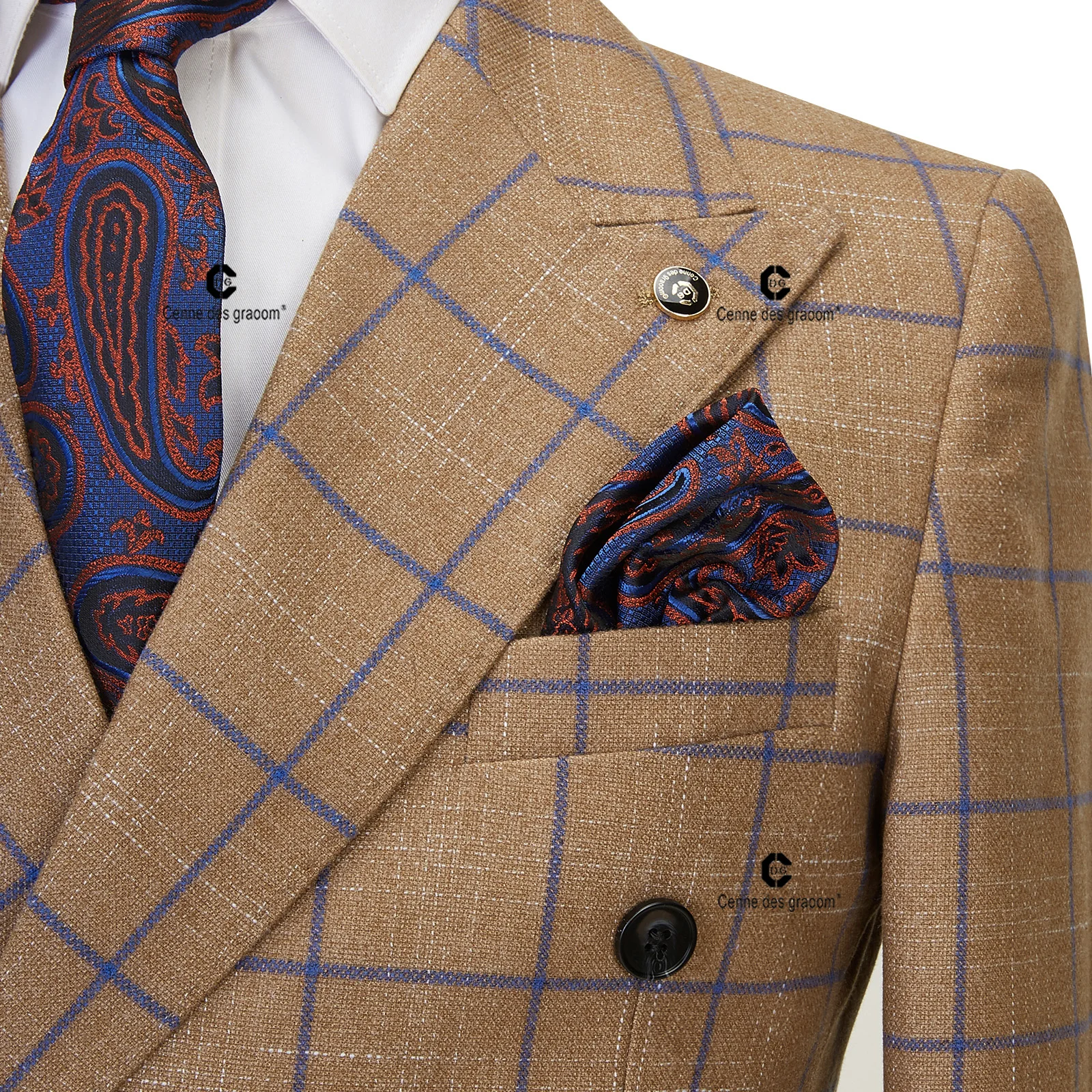 Cenne Des Graoom 2023 New Brown Plaid Suits for Men Double Breasted 2 Pcs Set Blazer Jacket Pants Wedding Party Meeting Office 3