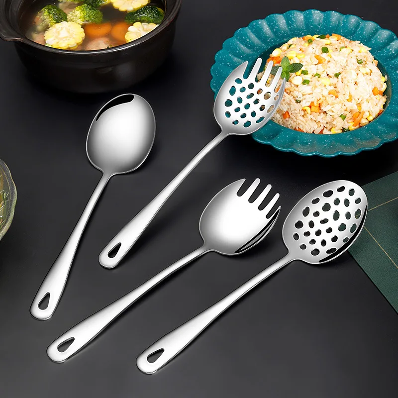 Stainless Steel Cutlery Set 304 Stainless Steel Long Handle Public Hole Spoon Serving Fork Salad Household Tablespoons Cutlery Dinnerware Kitchen