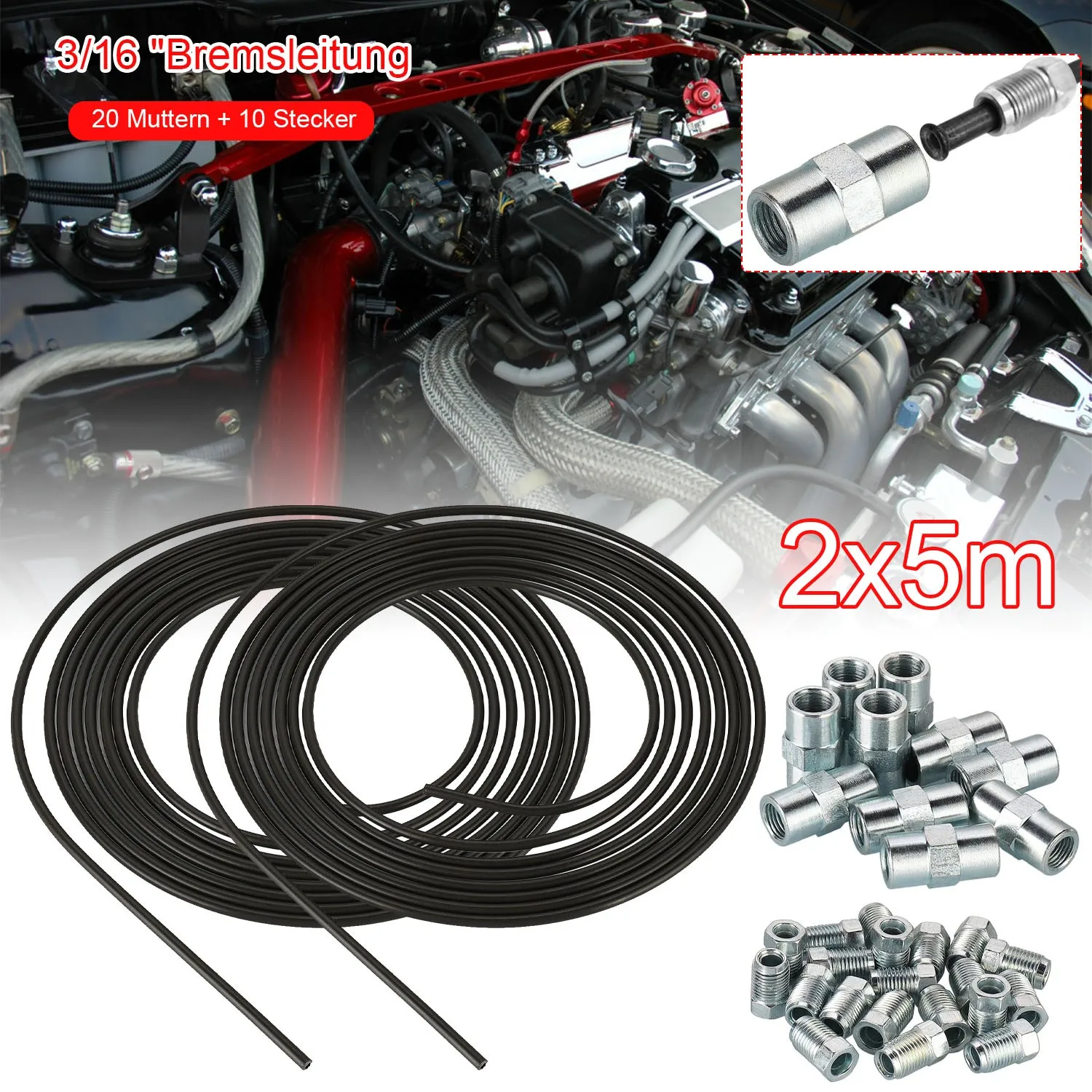 Set Brake Line Kits 5m 3/16" 4.75mm Steel Plated PVF Brake Pipe Hose Line Piping Tube Tubing Anti-rust Replacement Parts