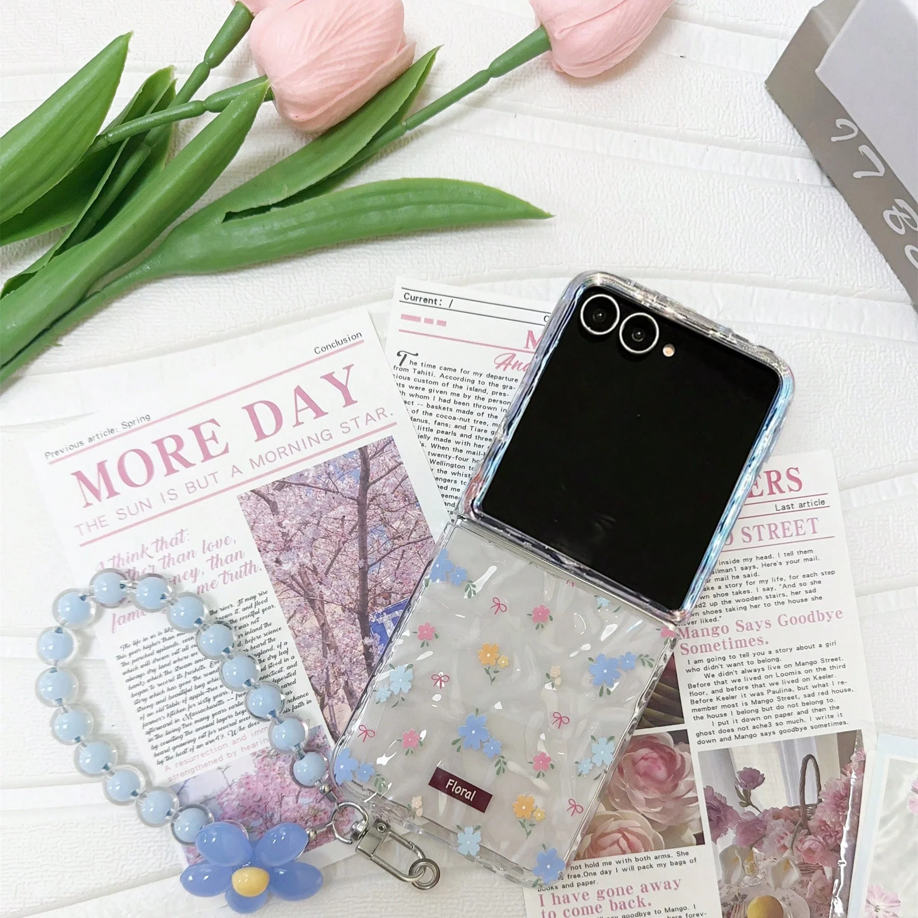 Cute Blue Pink Florals Wrinkle Clear Case with Flower Chain
