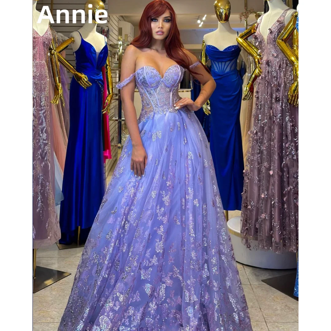 

Annie Lavender Purple Prom Dresses Sweet Glitter Tulle Graduation Evening Dresses Off-the-shoulder Bustier A-shaped PartyDresses
