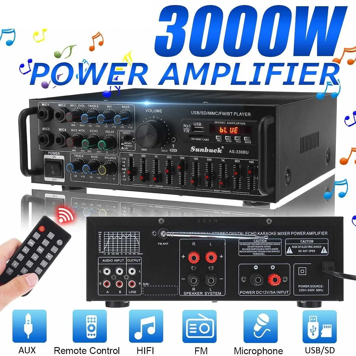 

2024 2000W Home Car Amplifiers 2 Channel bluetooth 5.0 Surround Sound FM USB Remote Control LCD Display HIFI Amplifier Stereo