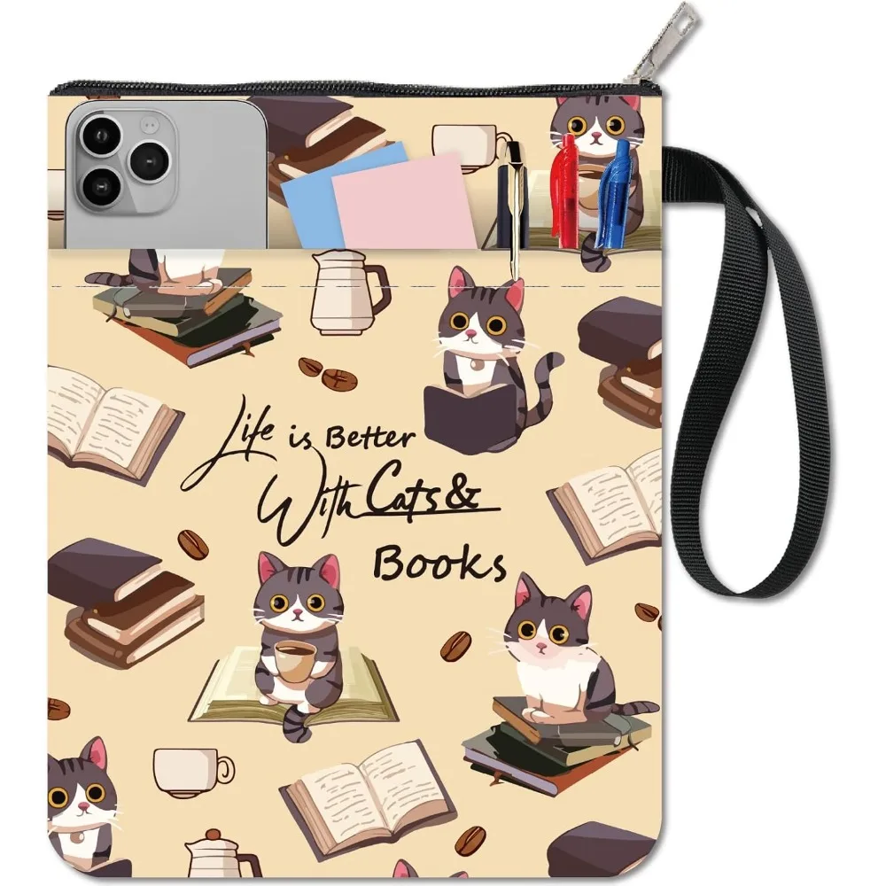 Charming Cat Print Washable Fabric Book Sleeve with Zipper Closure