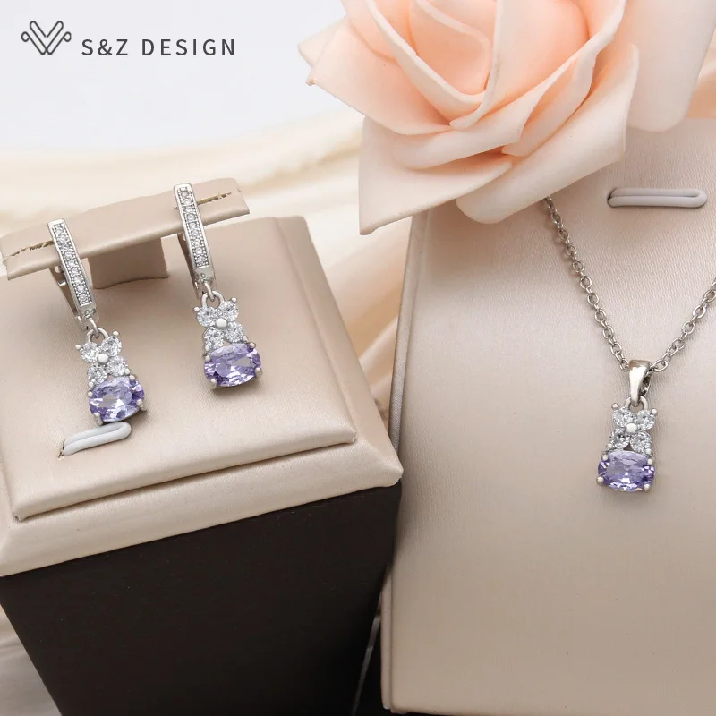 S&Z DESIGN New Fashion 585 Rose Gold Color Cubic Zirconia Lovely Flowers Dangle Earrings For Women Trendy Jewelry Fine Gift