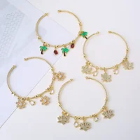 Light Luxury Gold-Plated Zircon Leaf Tree Pendant Bangle Elegant For Women Daily Party Adjustable Jewelry Girl Birthday Gift