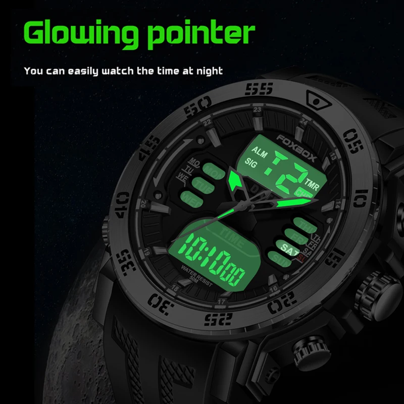 New Fashion Original Man Watch Top Brand FOXBOX Dual Display Quartz Watch Men Waterproof Alarm Clock Luminous Military Watches