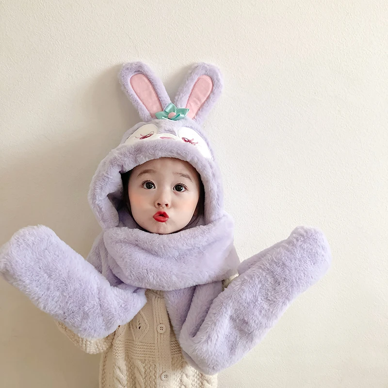 new-cartoon-rabbit-children-fashion-scarf-hat-glove-3-piece-girls-cute-winter-warm-soft-thickening-pocket-hats-hooded