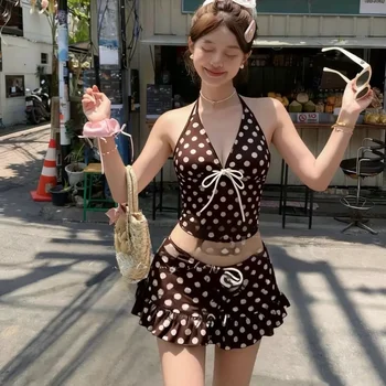 Women's Bikini Swimsuit Halter Neck Polka Dot Two-Piece Skirt Style Three-Piece Set Gathered Slimming Beach Vacation Thermal 1