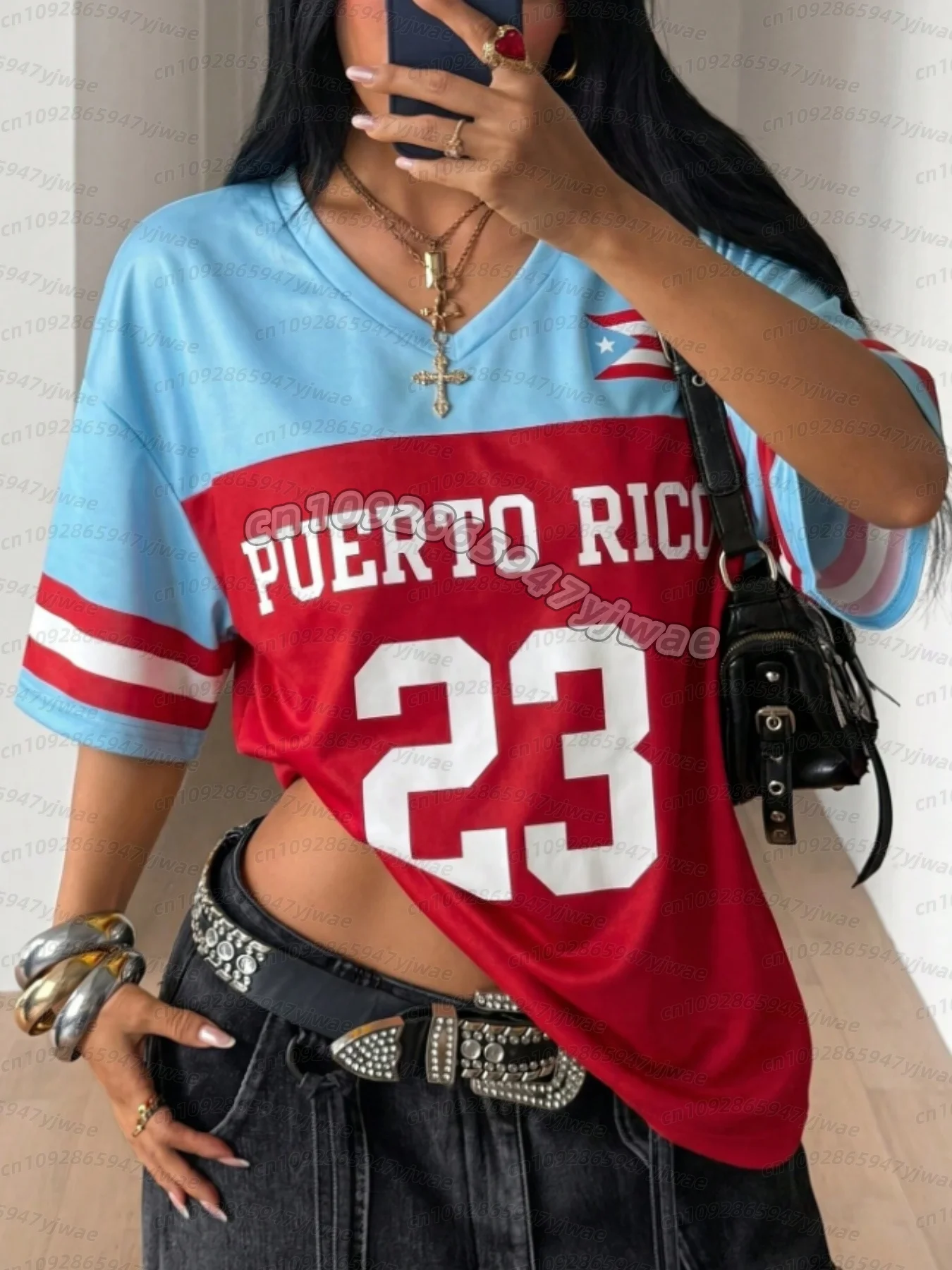2026 Damen Rot und Blau Retro Puerto Rico 23 Sporttrikot T-Shirt Sommer Kurzarm Locker Sitzend Sportlich Stylisch Y2K Herren Damen T-Shirt