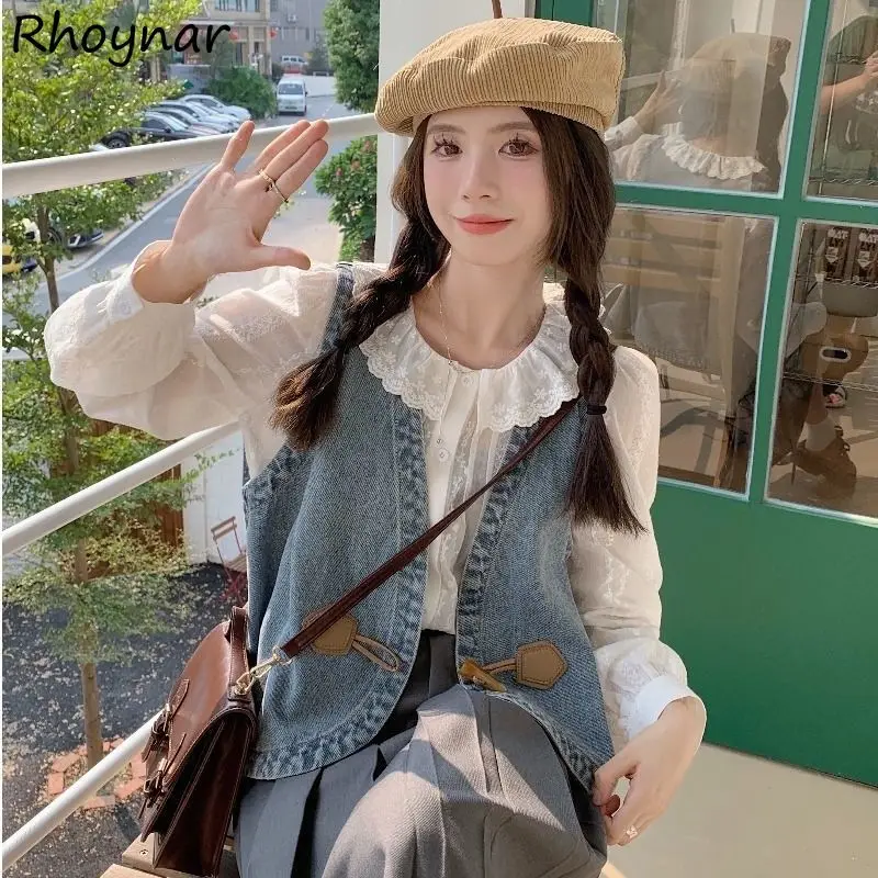 

Chic Horn Button Denim Vests Women Fashion Solid Simple Loose Leisure Young Sweet Sleeveless Coats Girls Popular All-match Ins