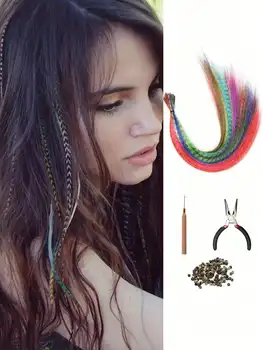 Piuma di colore misto Estensioni dei capelli sintetici di colore arcobaleno da 16 pollici Piuma colorata lunga con perline e strumento ad anello per Partay