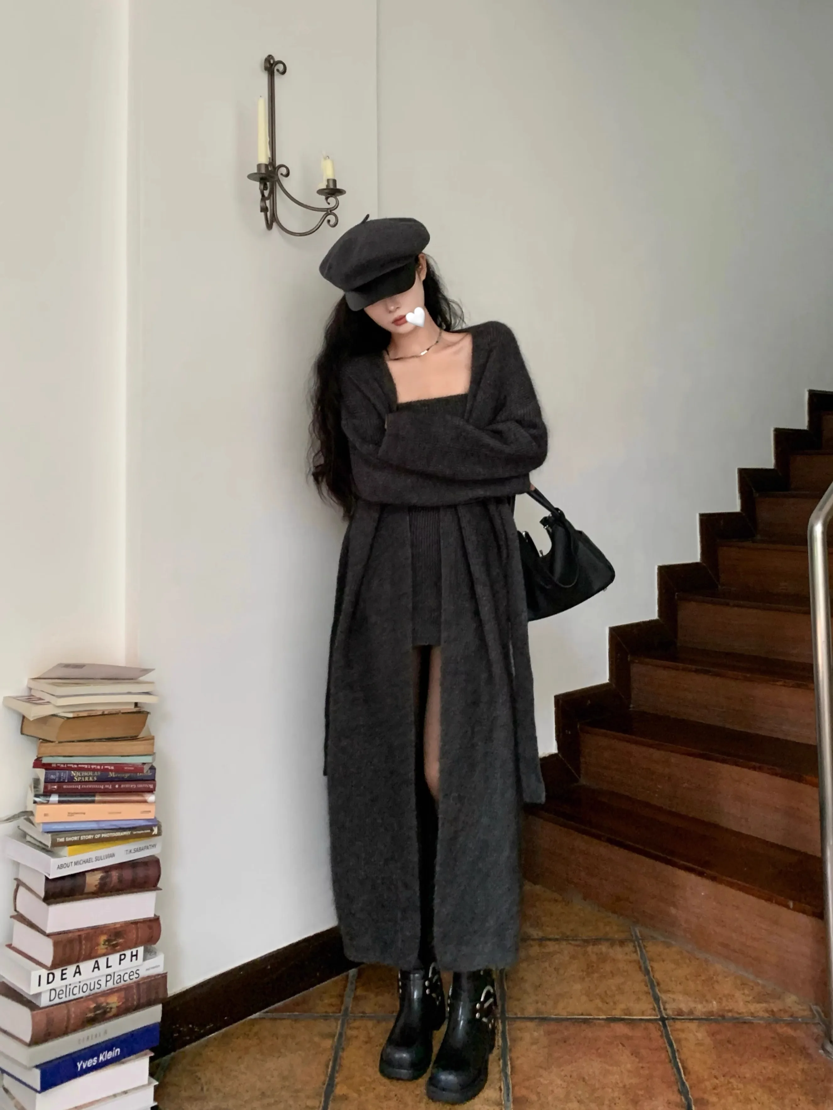 Autumn Winter New Knitted 3-piece Skirt Set Women Solid Long Cardigan Strapless Crop Top Mini Skirt Y2K Korean Chic Knitwear New