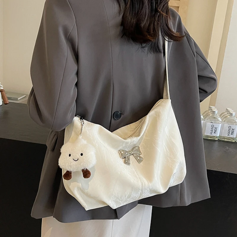 PU 질감 토트백, 한국판 접이식 디자인, 활 싱글 숄더백, 대용량 통근 소녀 ..