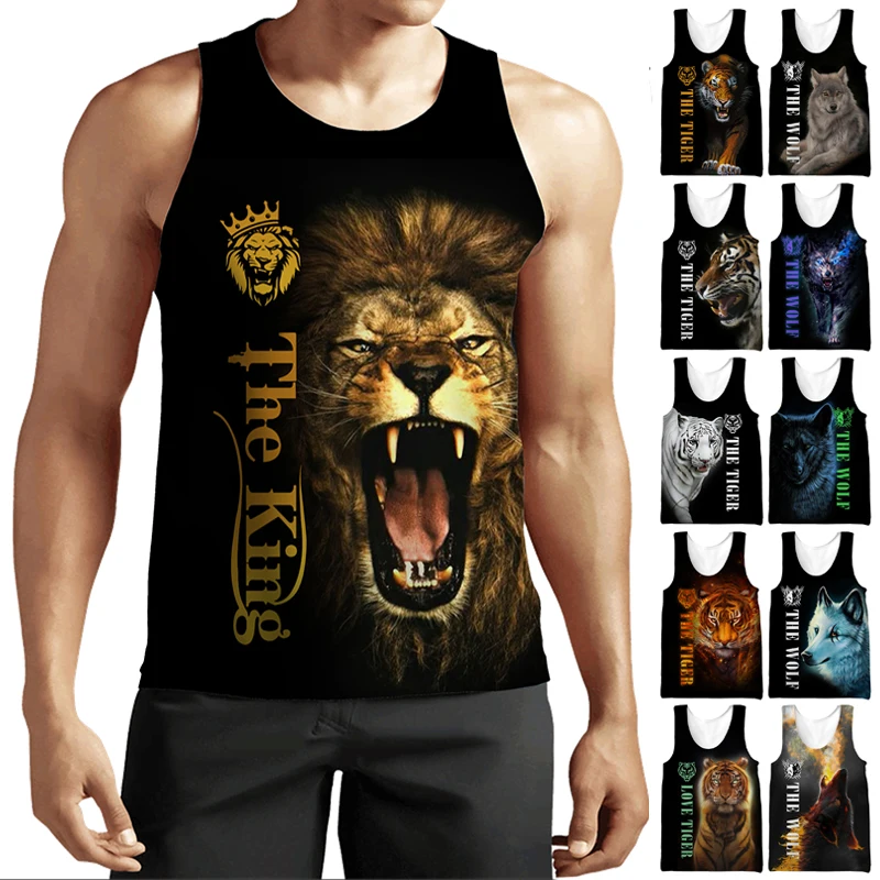 

New Lion 3D Print Men's Tank Tops Harajuku Animal Wolf Pattern Summer Tops Fitness Bodybuilding Gym Muscle Sleeveless Shirts