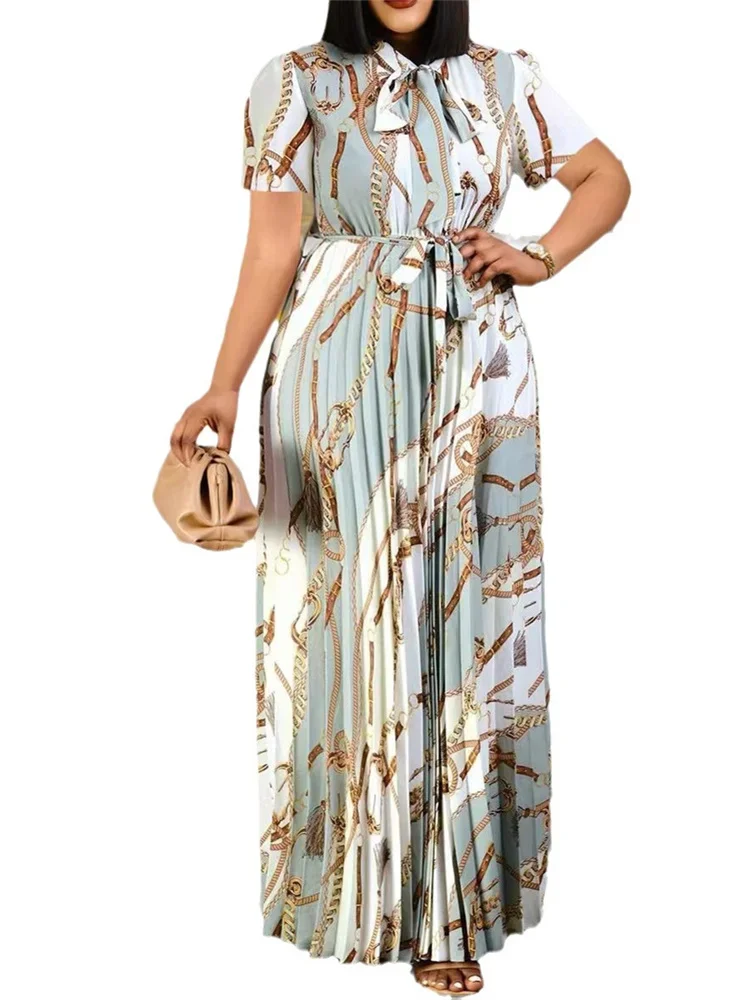 Wmstar 2024 Women Dresses New Elegant Short Sleeved Bow Tie Printed Pleated Waistband Dress Wholesale Dropshipping