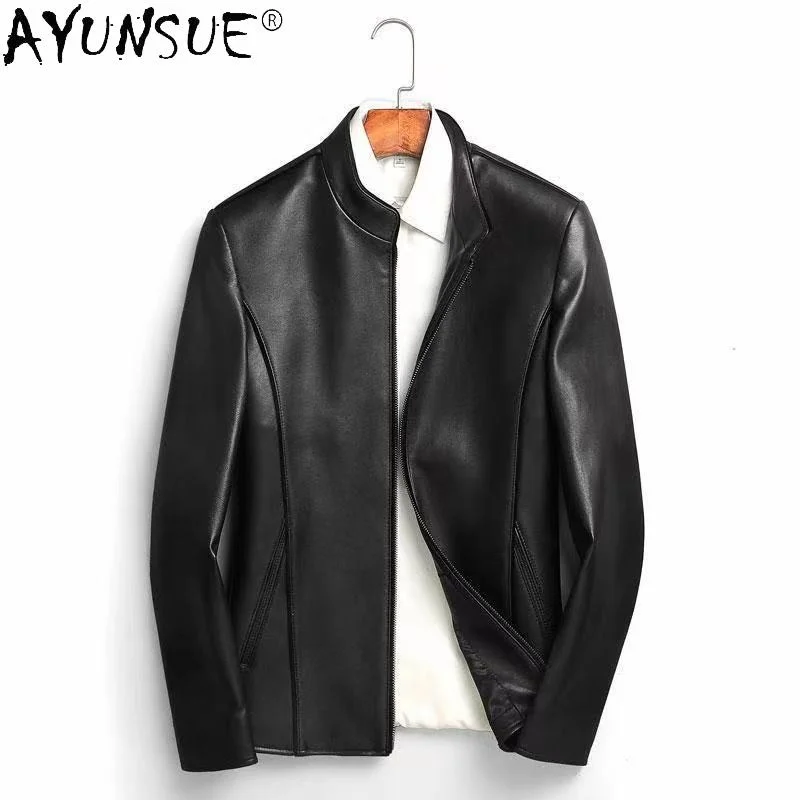 Genuine Sheepskin Leather Jackets for Men Spring Autumn Mens Jacket Standing Collar Slim Motorcycle Coat images - 6