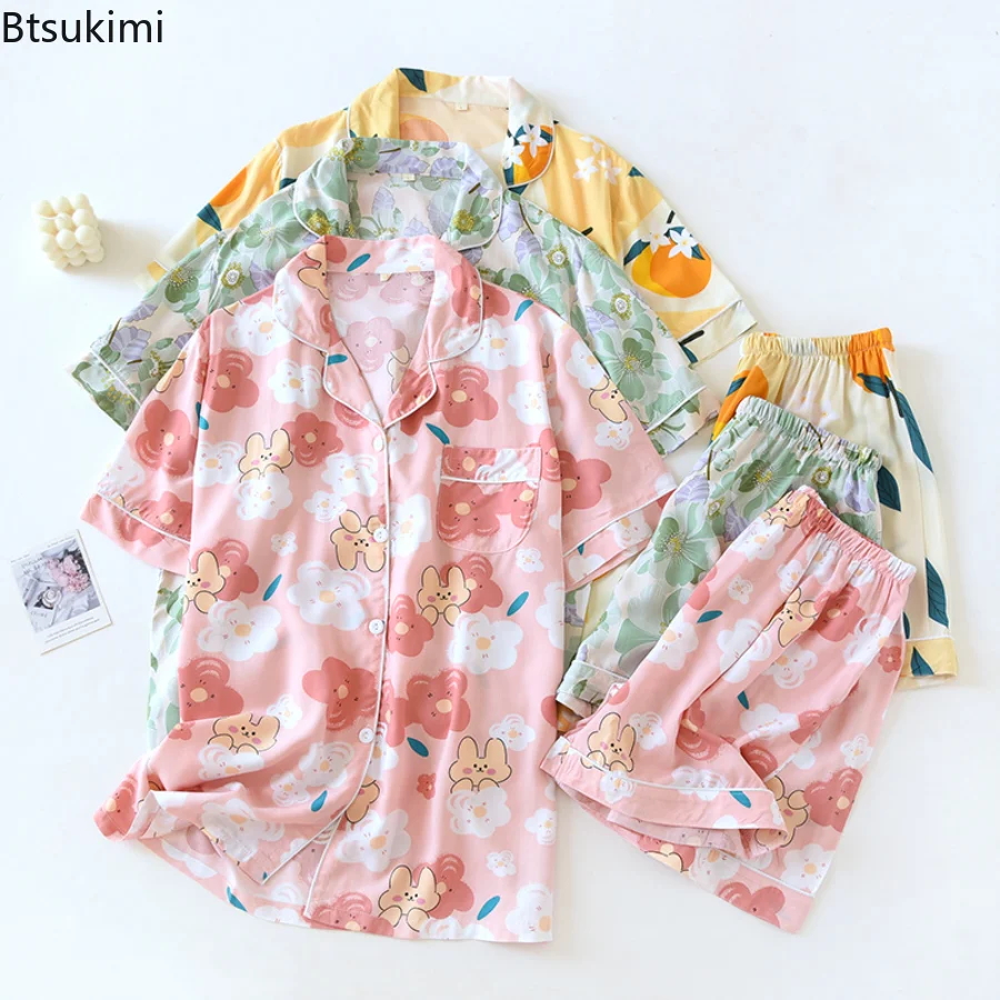 

New 2023 Women's Summer Pajama Set Floral Print Casual Short Sleeved Top and Shorts Sets Women Home Service Soft Two Piece Sets
