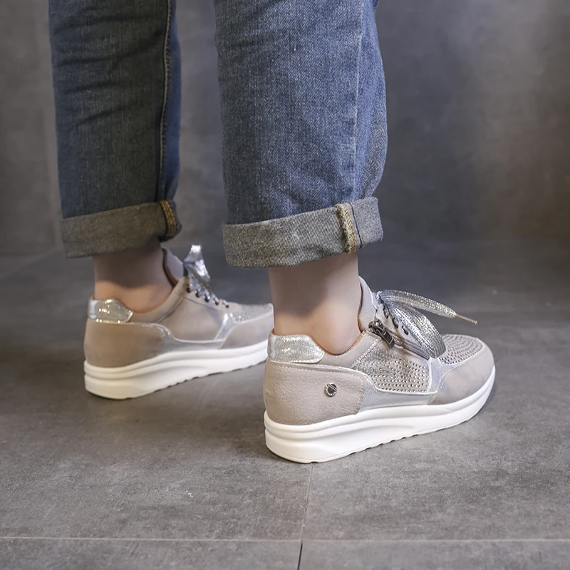 New Women Gold Sneakers Zipper Platform Trainers Women Shoes Casual Lace-Up Tenis Feminino Zapatos De Mujer Womens Sneakers