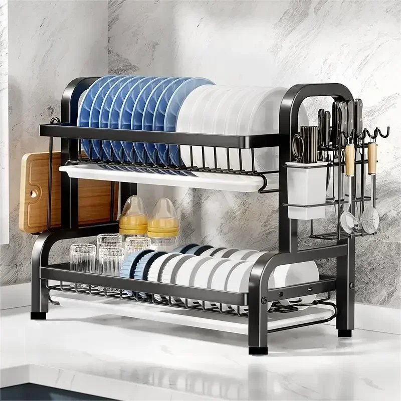 2-Tier-Compact-Dish-Rack-with-Drainboard-and-Utensil-Holder-for ...