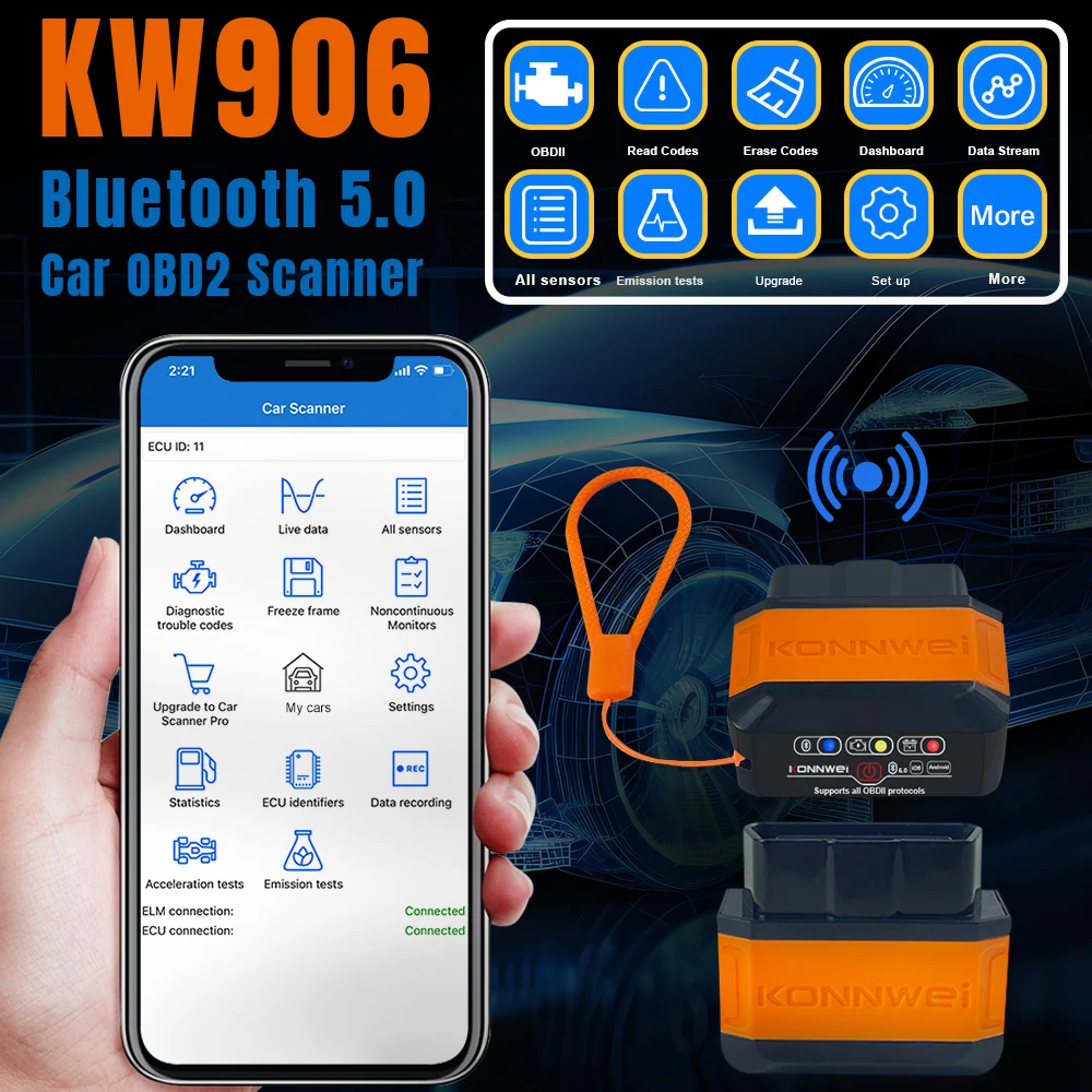KONNWEI KW906 ELM327 V1.5 Pic18F25K80 OBD2 Scanners Bluetooth 5.0 For Android/IOS ELM 327 OBD 2 Car Diagnostic tool Code Reader 2