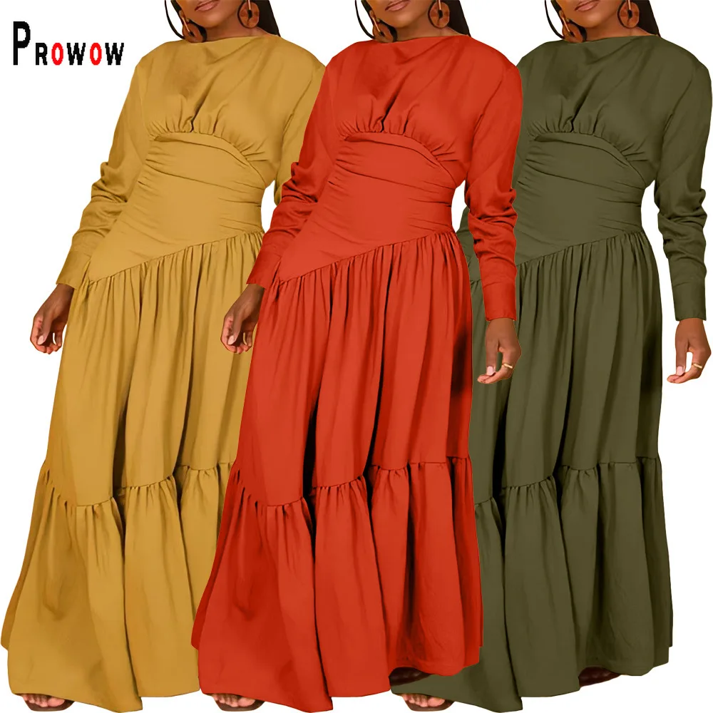 

Prowow Women's Maxi Dress High Waisted Slim Fit Female Clothing Long Sleeve O-neck Solid Color Folds Fall Spring Outfit Vestido