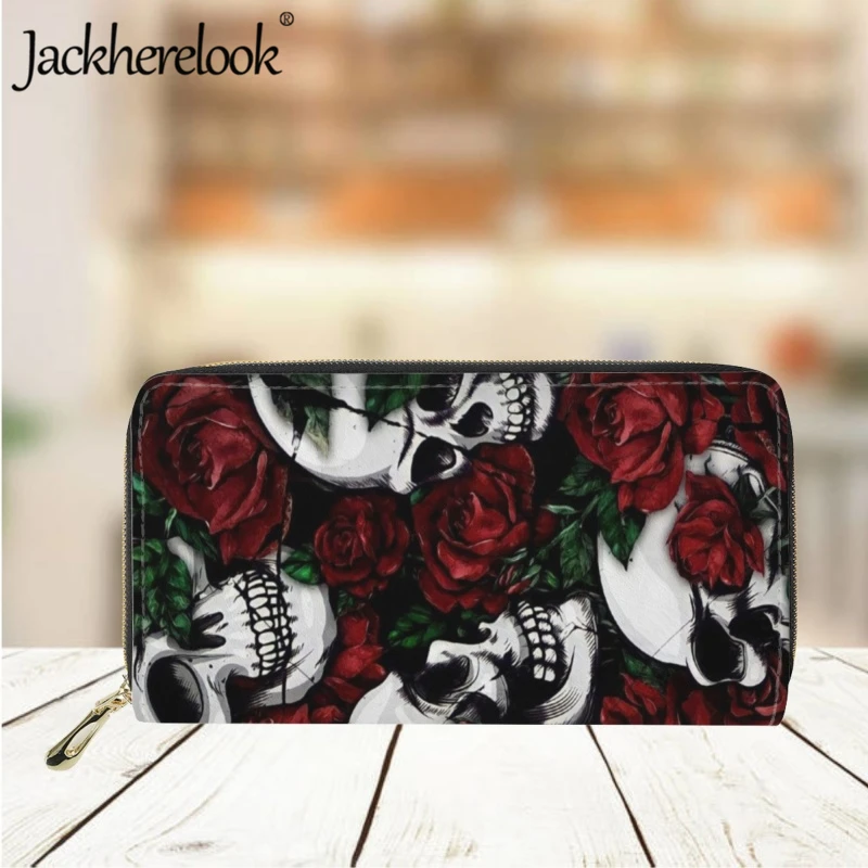 Jackherelook Women's Wallet Leather Luxury Long Purse Bank Card Holder Skull Rose Print Teen Girls Trend Money Bag Coin Pocket