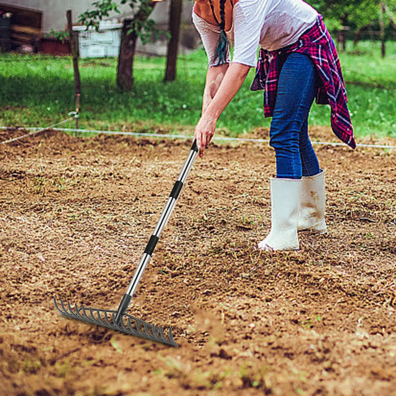 Garden Leaf Rake Adjustable Handle Cleaning Debris Grass Clippings Gardening Farm Lawns Rake Garden Iron Rake Agricultural Rake 2