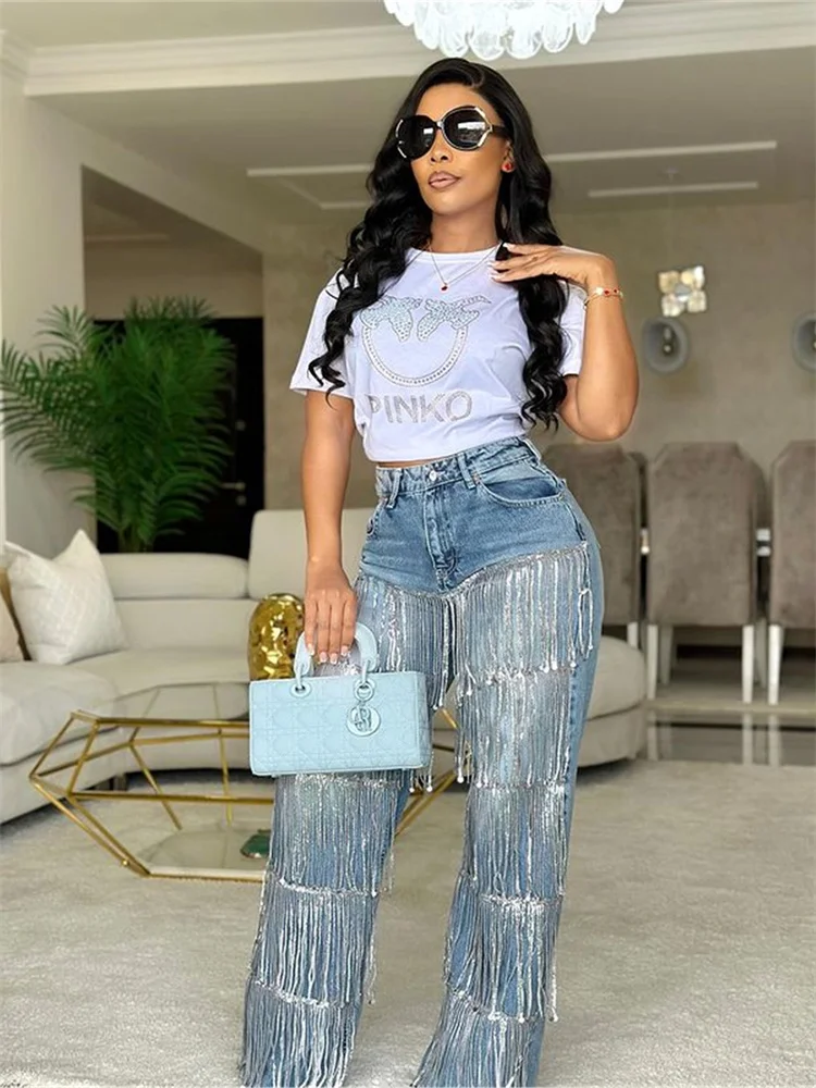 Wmstar Jeans Women High Waist Denim Boyfriend Sequined Tassel Cargo Korean Ripped Streetwear Pants Wholesale Dropshipping 2025