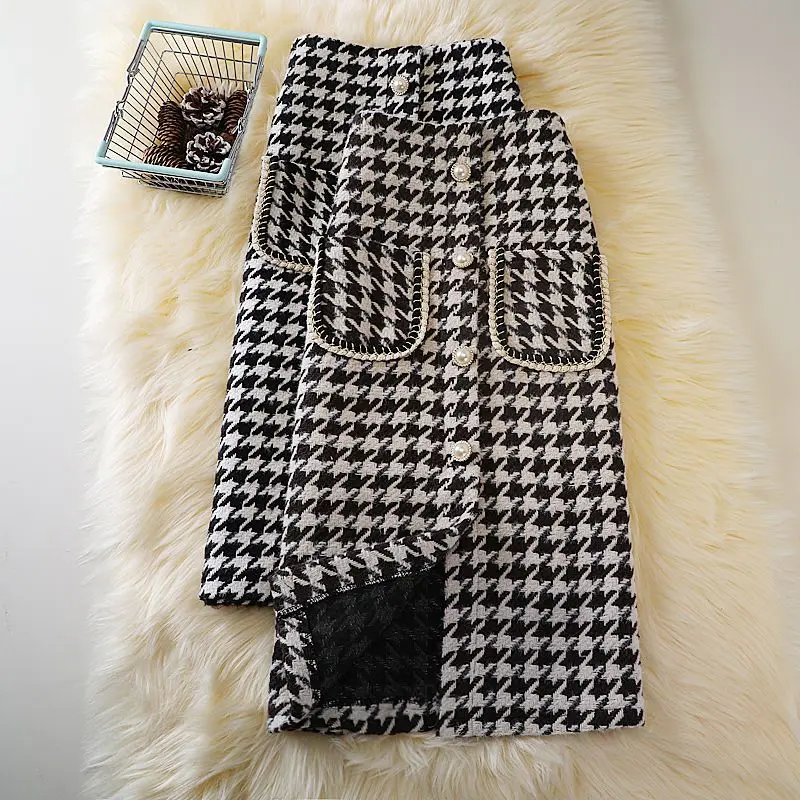 

2022 New Tweed Skirt For Women Winter New Korean White lady Plaid wool skirt Midi Skirt High Waist long houndstooth Skirts