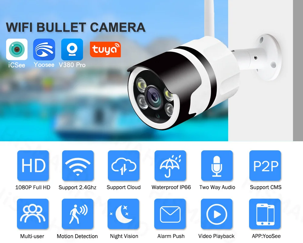 

2MP 1080P Yoosee/ICSEE/V380/Tuya Outdoor Water-proof IP Bullet Camera Dual Light Source Intercom Home Security CCTV Monitor