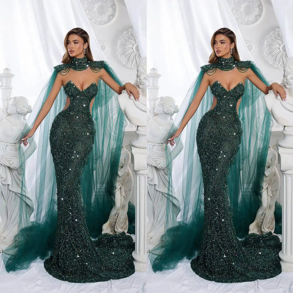 

Green Mermaid Prom Dress With Wraps Beaded Crystals Cut Side Evening Formal Party Second Reception Birthday Engagement Gowns
