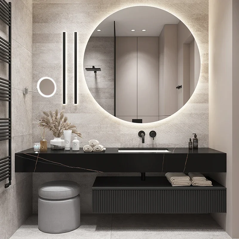 

XinHang Slate Bathroom Furniture Integrated Basin Wintabinet Combination Washbasin Washing Solid Wood Cabinet Smart Light Luxury