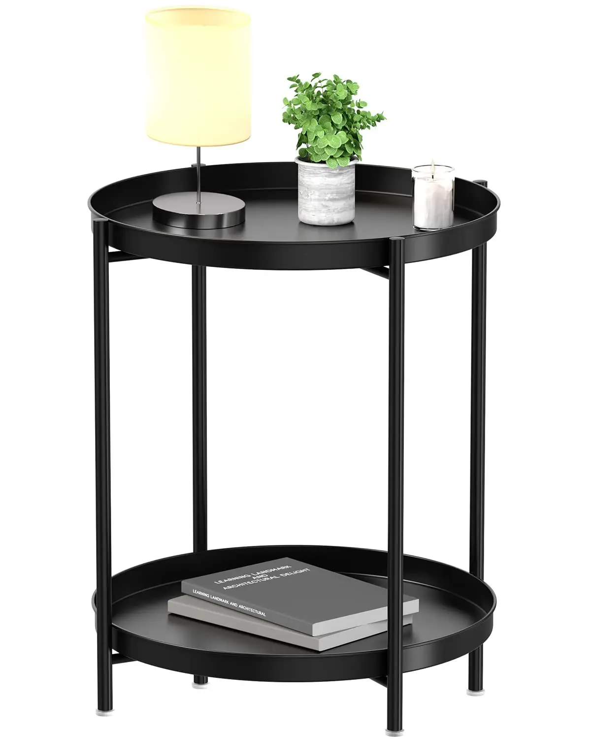 

2 Tier End Table Metal Side Table Waterproof Small Sofa Coffee Side Tables Indoor Outdoor with Removable Tray for Living Room
