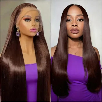 30 40 Inches Chocolate Brown Lace Front Human Hair Wig Pre Plucked Dark Brown Bone Straight 13x4 13x6 HD Lace Frontal Wigs 1