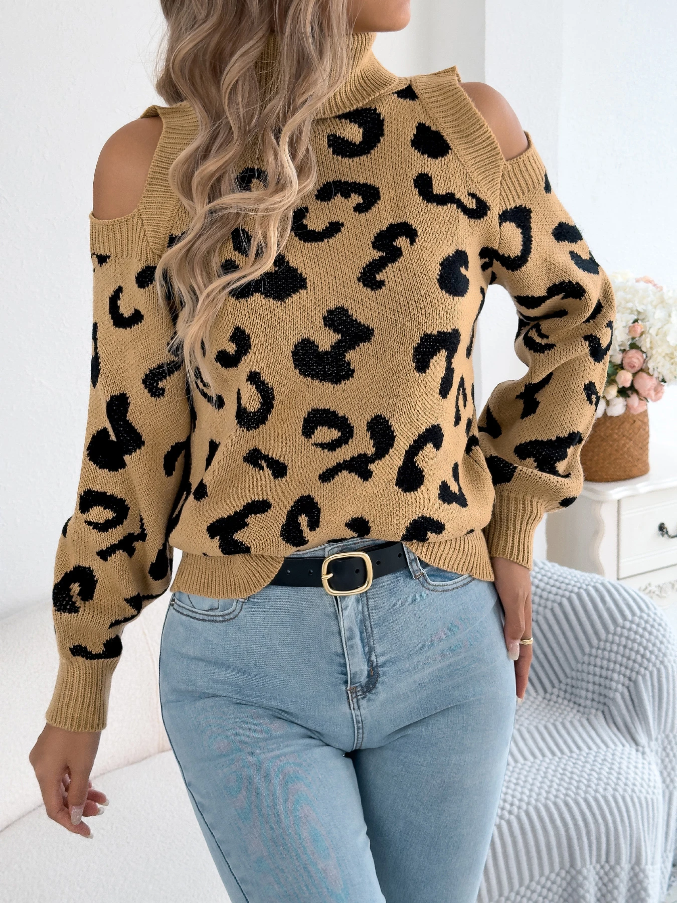 Women Off Shoulder Leopard Knitted Sweater