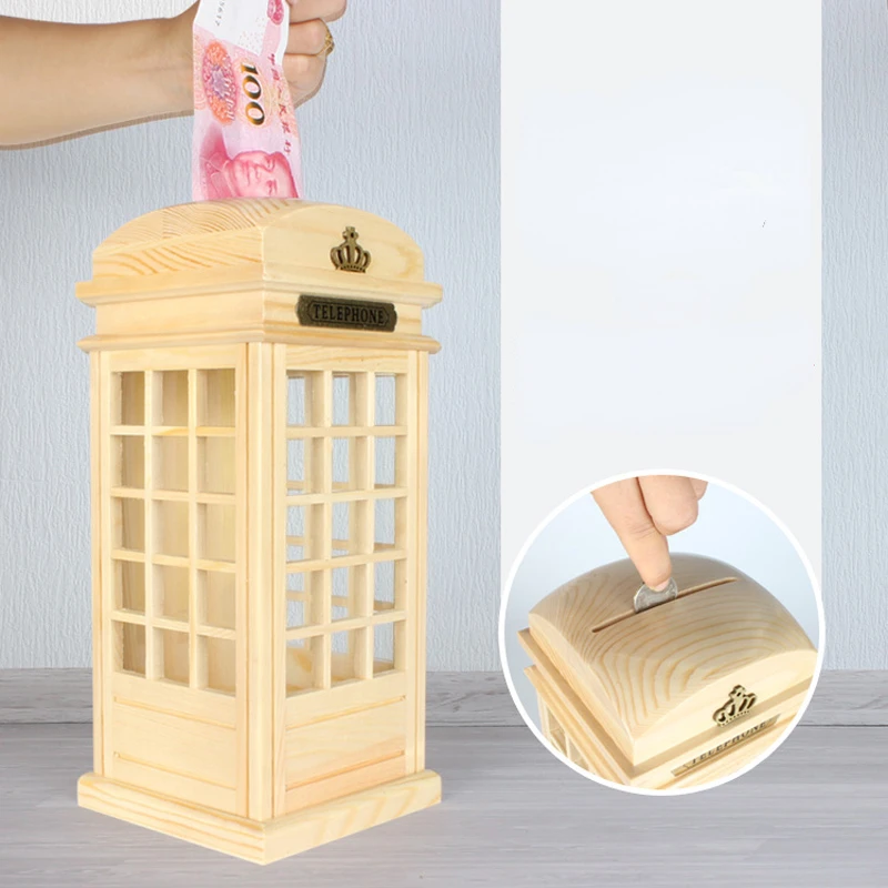 

Telephone Booth Money Box Saving Creative Living Room Large Capacity Coin Piggy Bank Wood Hidden Storage Cute Home Decoration