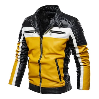 Men Yellow PU Leather Jacket Patchwork Biker Jackets Outwear Zipper Coat 3