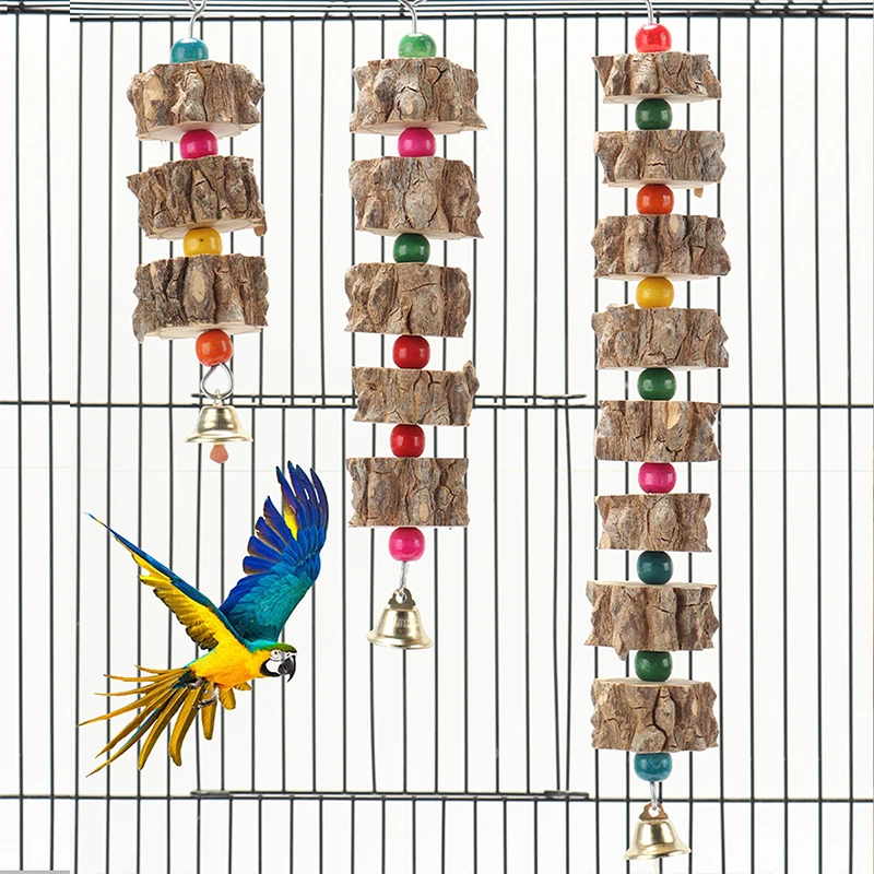 Bird Toys S/M/L For Parrot Chew Bite Hanging Cage Decoration Beak Grinding Colorful Wooden Toy with Bell Birds Supplies
