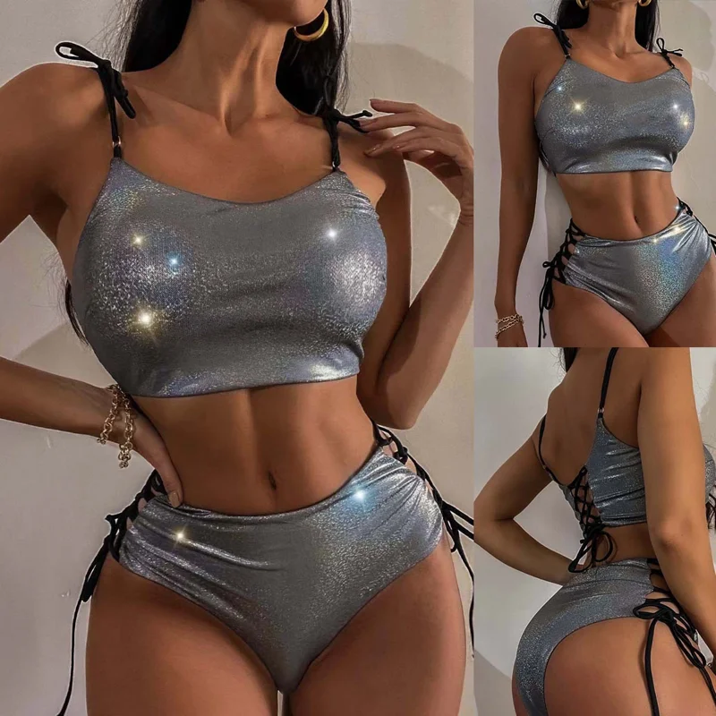 Laser Shiny Silver Pole Dance Clothing Exotic Dance Wear Nightclub Party Bikini Set Rave Outfit for Women Show Sexy Underwear