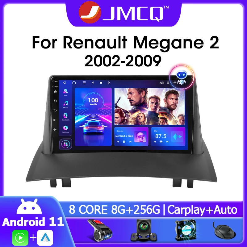 

JMCQ 2 Din Android 11 Car Stereo Radio For Renault Megane 2 2002-2009 Multimedia Video Player DSP 4G+WIFI Carplay Navigation GPS