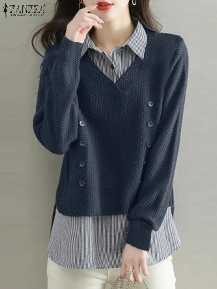 

Женские топы ZANZEA в стиле пэчворк, Весенняя рубашка с имитацией двух частей, повседневная полосатая блузка, модные рабочие блузки с отворотом и длинным рукавом для женщин