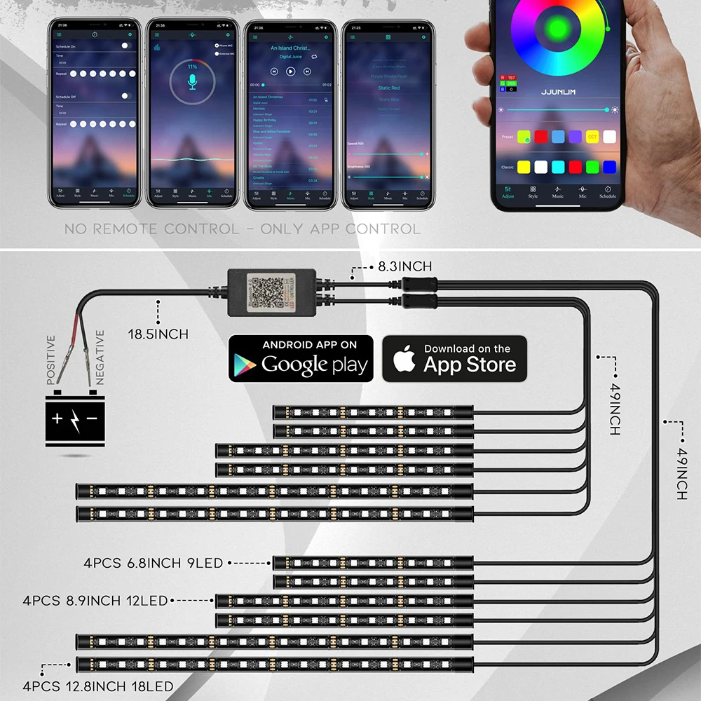 LED Atmosphere Light RGB Kit APP Music Control Flexible Waterproof Neon Strip For Car Motorcycle Decorative Lamp 12V