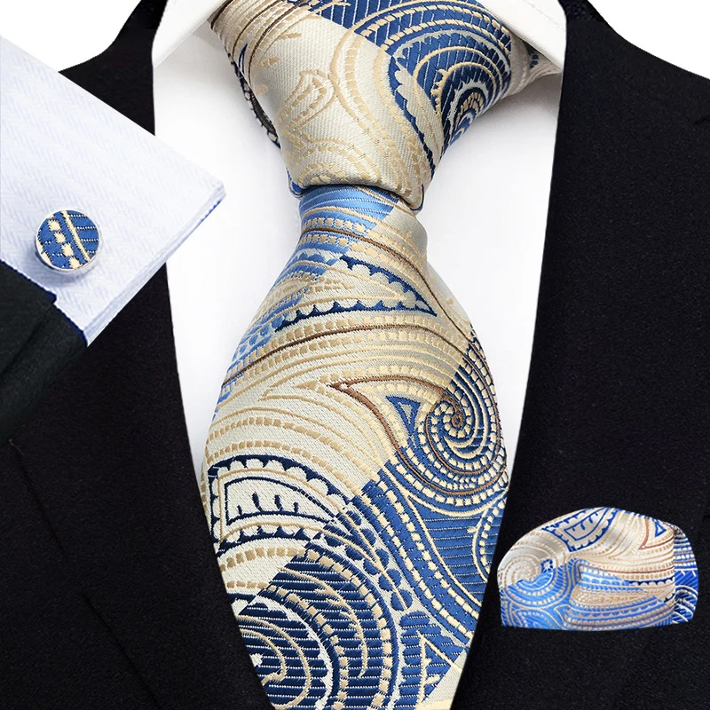 100% Silk Floral Blue Ties For Men Wedding Party Business Man Tie Handkerchief Brooch Cufflinks Set Men Accessories
