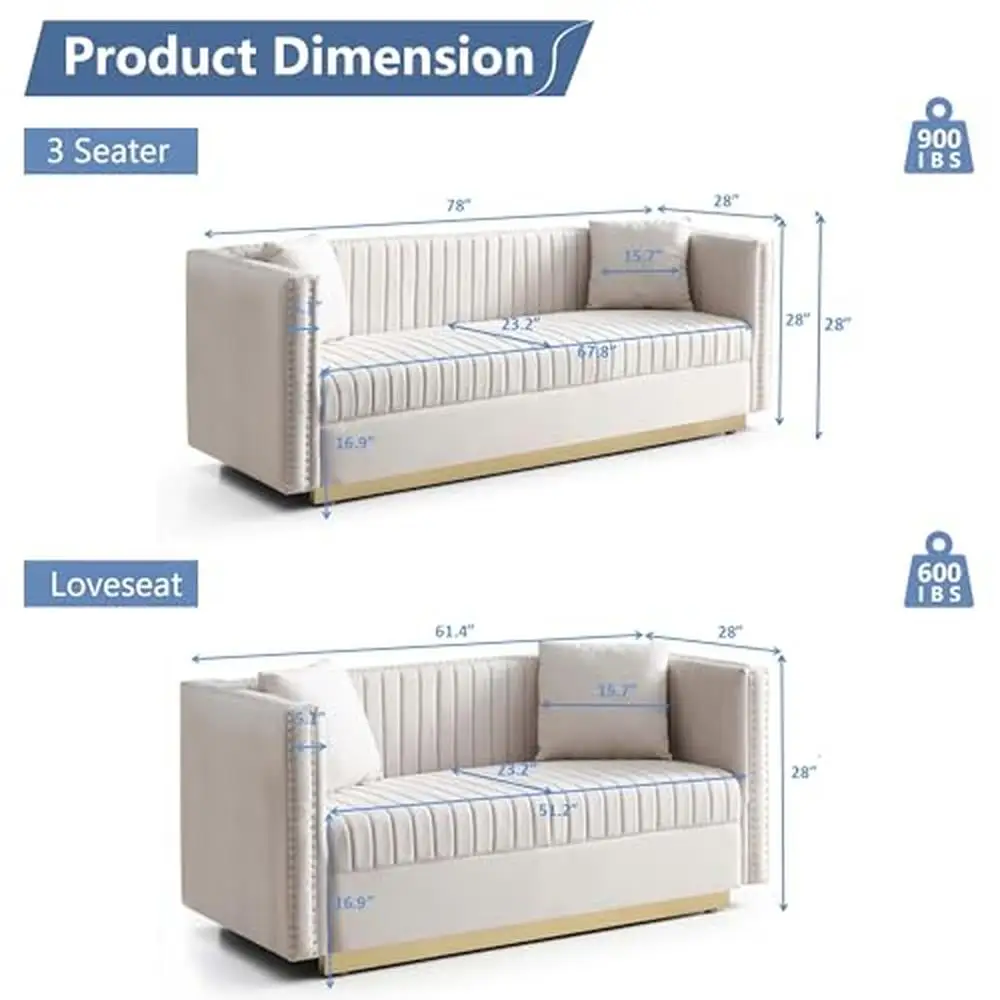 Description Picture 3 of itemVelvet Channel Tufted Sofa Set with Nailhead Trim and Gold Metal Legs Modern Living Room Furniture Apartments Sturdy Wood Frame