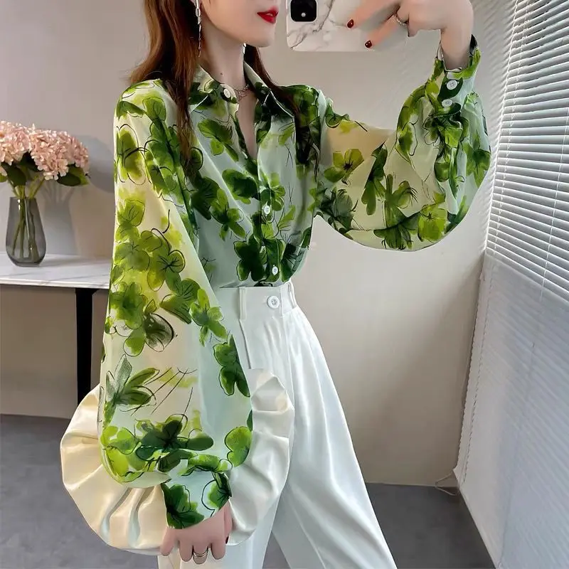 Stylish Lapel Button All-match Printed Lantern Sleeve Shirt Female Clothing 2023 Spring New Casual Tops Loose Office Lady Blouse