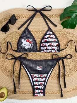 Hello Kitty Women's Bikini Set, Cute Cartoon Print Halter Tie Side Swimsuit, 2 Piece Bathing Suit for Summer Beach 1