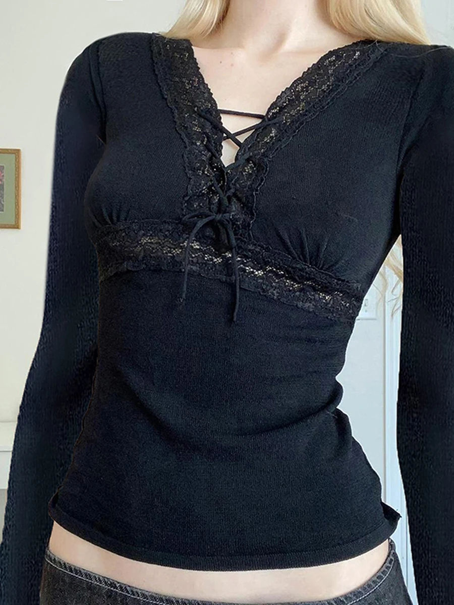 

Women T-shirt Long Sleeve V Neck Tie-up Slim Fit Ladies Lace Trim Tops Streetwear
