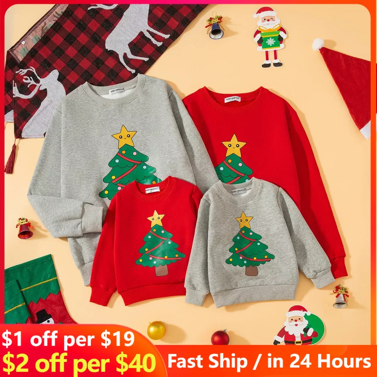 thumbnail image 2 of Suéter navideño para padres e hijos, sudadera de terciopelo con cuello redondo y árbol de Navidad, conjuntos familiares gruesos a juego para mamá y yo, 2 of 5